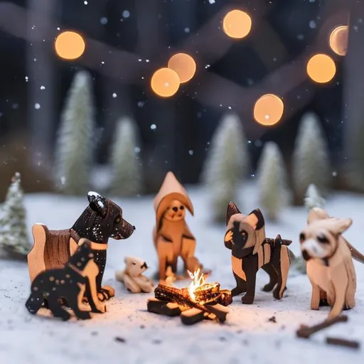 Prompt: tiny wooden dogs making smores and coffee and dog bones at tiny wooden campfire string lights on a starry night in the snow
