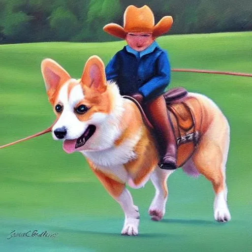 Prompt: Realistic painting of corgi riding horseback at a race 