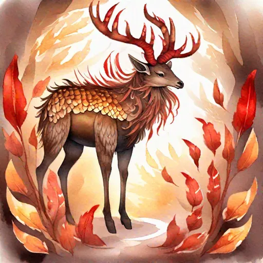 Prompt: Autumnal Indrik which is a mystical scaled and feathered deer, brown scales dark brown fur and red feathers, curved horn that glows golden, a tail crested with red feathers, masterpiece, best quality, (in watercolor painting style)