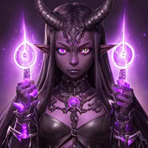 Prompt: Portrait of an adolescent, scared, innocent, beautiful tiefling girl with very dark ash skin, symmetrical horns, wearing tattered leather armor with glowing, light purple psionic blades emanating from her hand