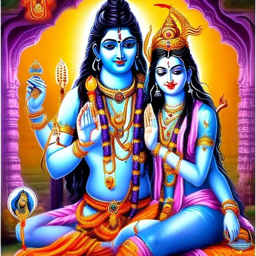 Prompt: Beautiful mata parvati sitting on handsome and almighty Lord  shiva's lap. He is holding her by the waist.