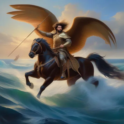 Prompt: (masterpiece, professional oil painting, epic digital art, best quality), D&D, a Chimera (((With the features of a Horse, Lion, and a Whale))) being ridden by an unseen warrior, traveling across an open ocean,