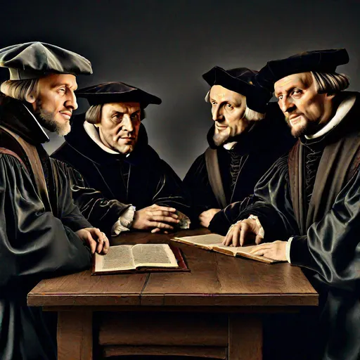 Prompt: A photo of Martin Luther, Erasmus of Rotterdam, Huldrych Zwingli and Philipp Melanchton sitting at a table and discussing, highly detailed, 8K, trending on art station, professional photograph, studio lighting, by Yousuf Karsh