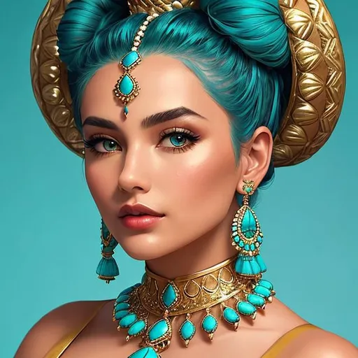 Prompt: An extremely gorgeous woman,  with top knots full of turquoise jewels, in color scheme of turquoise and gold