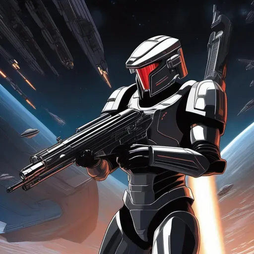 Prompt: A cylon from battlestar Galactica. Black armor and silver details.
He wields a rifle. In background a scifi station in space. Anime. Akira art. 2d art. 2d. 