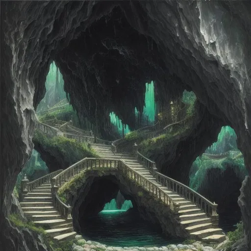 Prompt: oil painting , black cave-like building with emerald stone stairs and bridges, 8k