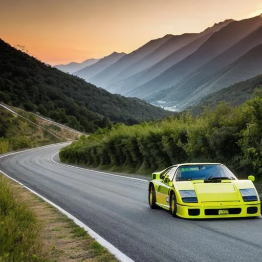 Prompt: shiny lime colored ferrari f40 driving fast on hillside roads during sunset