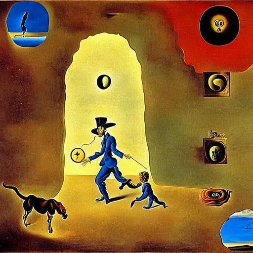 Prompt: Salvador Dali type painting with hidden messages in the painting like a woman walking a dog and a man playing catch with his kids or hidden items like a toy or a upside down sun or a backwards half moon the whole picture upside down abstract 