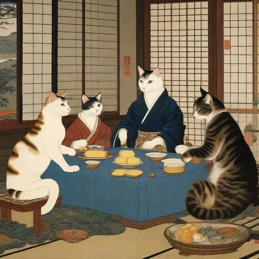 Prompt: 15th Century Japanese painting of a cats in modern business clothing sitting around a table eating butter and discussing business. Exquisite Detail Everything is perfectly to scale, Aesthetically Brilliant with a cool ambience HD, UHD, 8k Resolution, Vibrant Colorful Award winning 