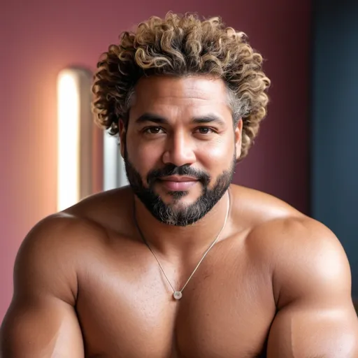 Prompt: very in-depth detail selfie long shot with a very handsome, middle-aged Afro-Latino hairy chubby man with short sandy brown curly ethnic hair, light eyes, thick pink lips, "hyperreal detailed face", calm smile, attractive pink lips, moobs, fat buttocks, boxers, slightly pudgy, whole body in shot, detailed facial features, detailed locs, hyperreal, perfect composition, hyperrealistic, super detailed, 8k, high quality, sharp focus, studio photo, photography, natural light, intricate details, highly detailed, hyperrealistic, soaked, real texture, full body portrait of "insolent" hypermasculine man ,with thick "hairy muscular thighs", wearing "tight shirt", manspreading, huge package, arena, perfect composition, hyperrealistic, super detailed, 8k, high quality, social media travel post, sharp focus, studio photo, intricate details, highly detailed,