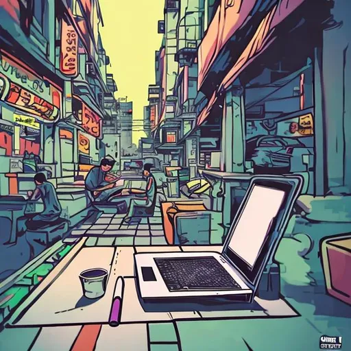 Prompt: Lofi art, a guy making music on his laptop, anime style, mumbai city, india


