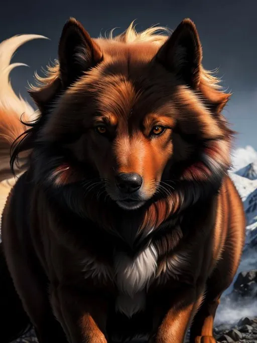 Prompt: 8k, 3D, UHD, masterpiece, oil painting, best quality, artstation, hyper realistic, perfect composition, zoomed out view of character, 8k eyes, Portrait of a (beautiful Ninetales), {canine quadruped}, thick glistening gold fur, deep sinister (crimson eyes), ageless, lives a thousand years, epic anime portrait, wearing a beautiful (silky scarlet and gold scarf), thick white mane with fluffy golden crest, sparkling gold mane, golden fur highlights, studio lighting, animated, sharp focus, intricately detailed fur, graceful, regal, cinematic, magnificent, sharp detailed eyes, beautifully detailed face, highly detailed starry sky with pastel pink clouds, ambient golden light, perfect proportions, nine beautiful tails with pale orange tips, insanely beautiful, highly detailed mouth, symmetric, sharp focus, golden ratio, complementary colors, perfect composition, professional, unreal engine, high octane render, highly detailed mouth, Yuino Chiri, Anne Stokes