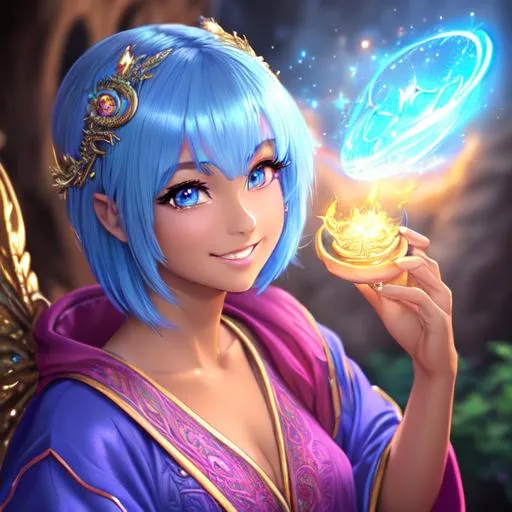 Prompt: oil painting, fantasy, Pixie girl, tanned-skinned-female, beautiful, short bright blue hair, straight hair, rosy cheeks, smiling, looking at the viewer, summoner wearing intricate robes casting a spell, #3238, UHD, hd , 8k eyes, detailed face, big anime dreamy eyes, 8k eyes, intricate details, insanely detailed, masterpiece, cinematic lighting, 8k, complementary colors, golden ratio, octane render, volumetric lighting, unreal 5, artwork, concept art, cover, top model, light on hair colorful glamourous hyperdetailed medieval city background, intricate hyperdetailed breathtaking colorful glamorous scenic view landscape, ultra-fine details, hyper-focused, deep colors, dramatic lighting, ambient lighting god rays, flowers, garden | by sakimi chan, artgerm, wlop, pixiv, tumblr, instagram, deviantart