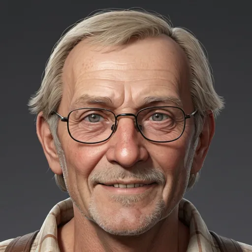 Prompt: hyper-realistic 65 year old human male, he is a farmer, He has brown wide set eyes, He has ivory skin, he is short for a man, His skin is slightly sun burnt, he has a wider nose, He wears glasses, Tends to grin, He has short hair that used to be sandy blonde but now has gone to grey, fantasy character art, illustration, dnd,