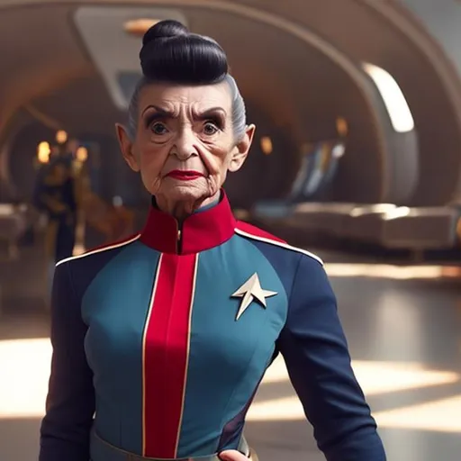 Prompt: Sophia Patrillo as a sassy, diminutive, elderly, stoic Vulcan, with pointy ears, in a Starfleet uniform.