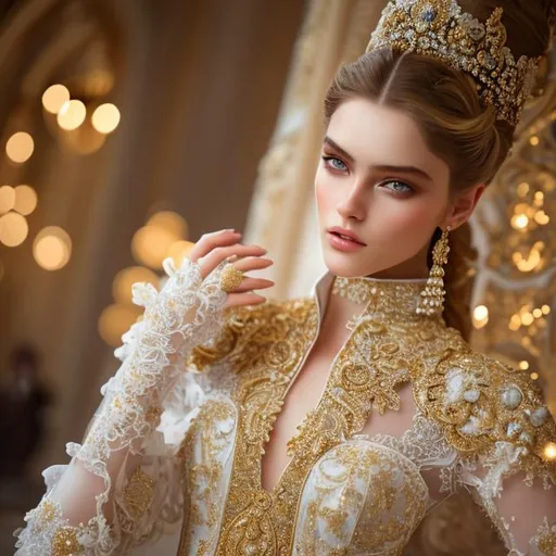 Prompt: beautiful photograph of most beautiful fictional, fashion model, goodnes, heavenly, royal, White and golden, extremely, detailed environment, detailed blur background, intricate, detailed skin, natural colors , High-resolution, professionally color graded, photorealism, 8k, moody lighting.