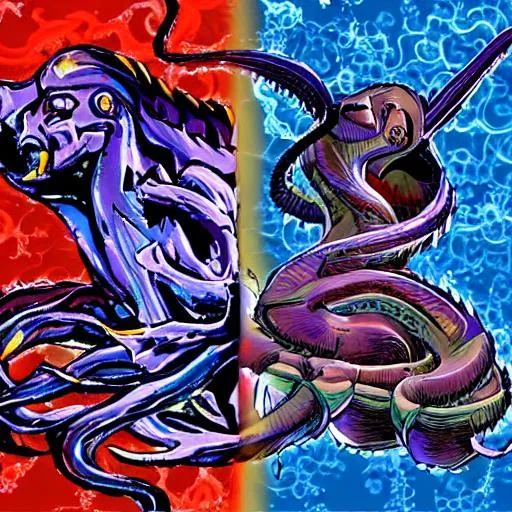 Prompt: Mortal Komatsu squid subzero fights octopus scorpian hyper surreal 