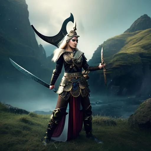 Prompt: Gorgeous, stunning, beautiful, otherworldly viking goddess battle ready wearing ancient viking clothing, elegant posing, full body, centered, fantasy setting, character concept, cinematic, colorful background, concept art, dramatic lighting, highly detailed, hyper realistic, intricate sharp details, octane render, smooth, studio lighting, trending on art station, 8k, HDR, unreal engine, emotive, cgi, animated, character art, iridescent, metallic, epic fantasy, dark fantasy, 3D game