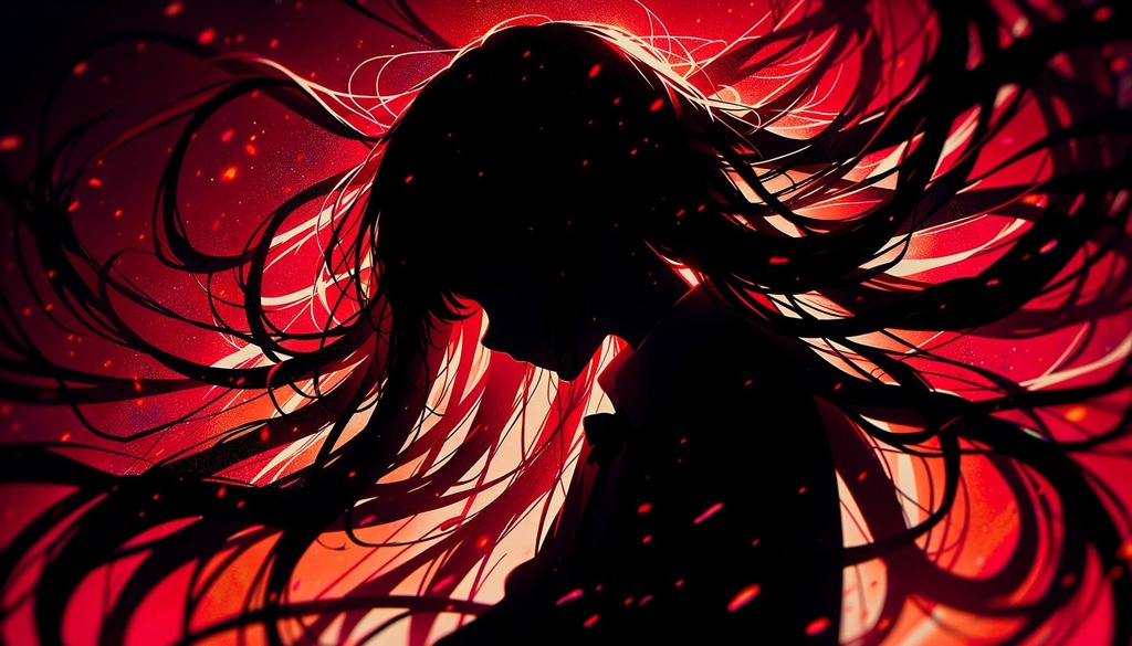 Prompt: silhouette anime background of dark hair, in the style of redscale film, vibrant, high-energy imagery, 32k uhd, spatial concept art, poured in wide ratio