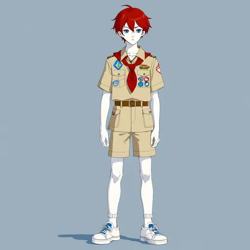 Prompt: anime, boy, red hair, blue eyes, tall, slim, pale skin, white sneakers, standing, boy scout uniform
