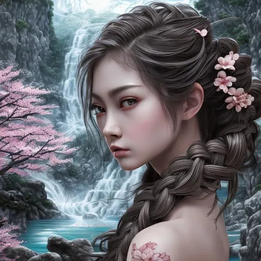 Prompt: (masterpiece) (very sharp) (4K UHD) (best quality) (hyper realistic).  Woman into japanese hot springs, extremely detailed face, extremely detailed eyes, absolutely real, extremely detailed hair, dragon braid hairstyle, 3D illustration, extremely detailed lips, extraordinary beauty, cherry blossom background, waterfall background, extremely detailed tattoo art, grey eyes, nature colors.