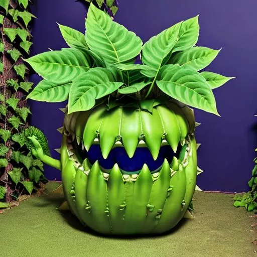 Prompt: GIANT GREEN Plant that has a HUGE  trap as a mouth and inside is blue mouth with a blue tounge; With multuple Sharp teeth; vines and leaves in the air, little shop of horrors