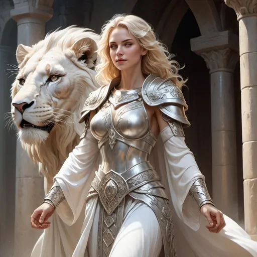 Prompt: Full body, Fantasy illustration of a blonde female warrior priestess,  delicate silber armor, white robe, happy and ecstatic  gaze, praying gesture, high quality, rpg-fantasy, medivial style temple and white lion statue in background, mystical atmosphere