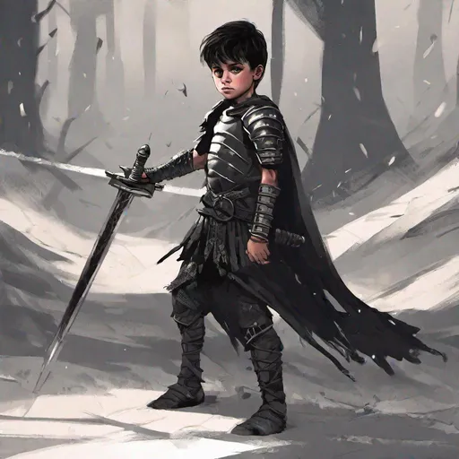 Prompt: young dark warrior 
 boy with a sword 