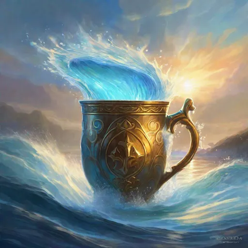 Prompt: river of water pouring out of magical cup into the sea, cup tipped forward pouring, waves, sea, glowing, magic, dungeons and dragons, magic the gathering, fantasy art, fantasy,  concept art, , artstation, award winning, painting, watercolor, 