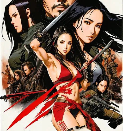 Prompt: Movie Poster (((Yoji Shinkawa))), sticker of ultra detailed portrait of Aaliyah Dana Haughton + Keanu Reeves + Olivia  Munn in black ninja outfit holding sheathed katana, high quality cell shaded illustration in post apocalyptic style by Yoji Shinkawa, ((full body)), dynamic pose, perfect anatomy, centered, freedom, soul, black long hair, approach to perfection, cell shading, 4k , cinematic dramatic atmosphere, watercolor painting, global illumination, detailed and intricate environment, artstation, concept art, fluid and sharp focus, volumetric lighting, cinematic lighting, Art by Yoji Shinkawa,