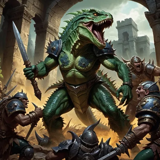 Prompt: Warhammer fantasy RPG style, lizardman battling with humans, intense action, detailed scales and armor, high-quality illustration, fantasy, battle scene, fierce expressions, dynamic poses, dark and moody lighting, ancient ruins backdrop, vibrant colors, detailed weapons and shields, mythical creatures, fantasy art