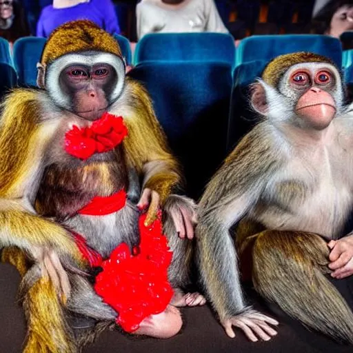 Prompt: a gipsy cosplay monkey located at the front first row of cinema  watching a love romance movie, story about a boy dating a girl for his first time