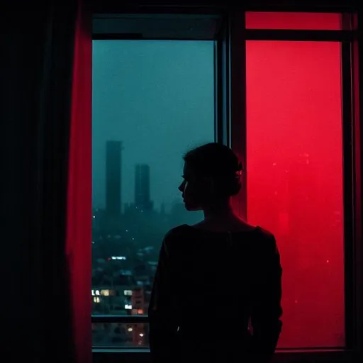 Prompt: A photography in Elsa Bleda style, a woman silhouette from behind looking through her apartment window  over a big decadent city at night, moonlight, red neon lights illuminating, ethereal gloomy mood, fog. 