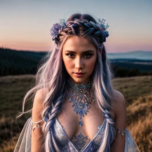 Prompt: Ethereal fairy princess, hd, 4k detail, beautiful, celestial background, blue braided hair, tattoos, purple eyes, Night sky background, intricately detailed dress