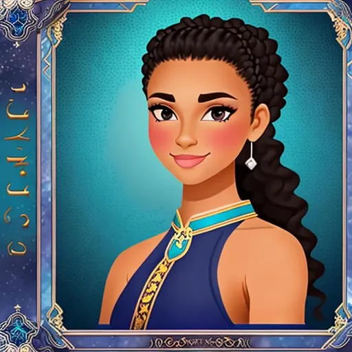 Prompt: character profile sheet of a dark skinned freckled young woman with curly white hair pulled back in a ponytail and dark blue eyes, wearing ornate aqua byzantine dress with silver embellishments