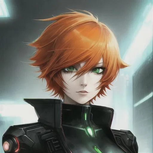 Prompt: Portrait, anime style, cyberpunk theme, beautiful woman, short orange hair, green eyes 
