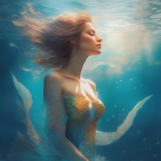 Prompt: a visual stunning photo of a beautiful mermaid| wonderful ocean deep| dynamic pose | centered| key visual| intricate| highly detailed| breathtaking beauty| precise lineart| vibrant| comprehensive cinematic| Carne Griffiths| Conrad Roset| Anna Dittmann| underwater caustics, sunbeam