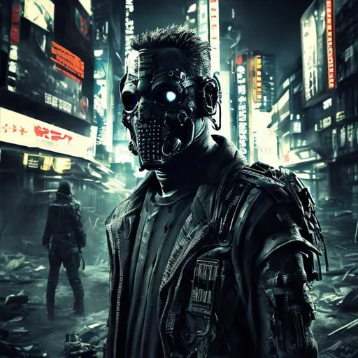 Prompt: Original villain. Future military armour with black and neon. Slow exposure. Detailed. Male masked. Dirty. Dark and gritty. Post-apocalyptic Neo Tokyo. Futuristic. Shadows. Sinister. Brutal. Scary. Evil. Bionic enhancements.