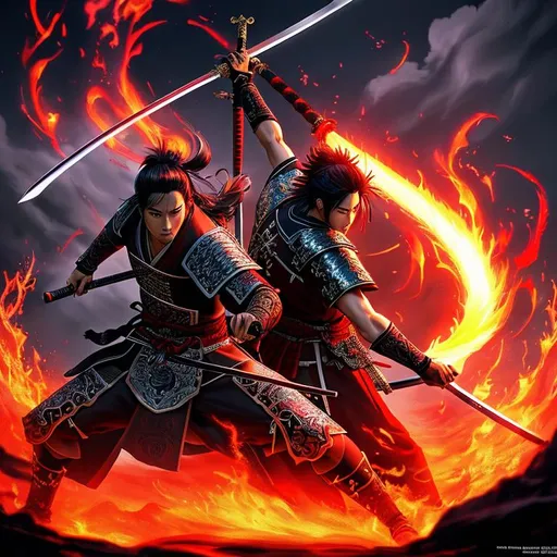 Prompt: looking from below with very wide angle, swordsman fighting a demon

Masculine , ,swords , anime accurate , swordsman , samurai , 

masterpiece best quality hyperdetailed intricate elaborate of Japanese samurai fighting demon

cinematic light, dramatic light, devil island , black sky, lava , cosmic demonic vibe, earth, fire 

album cover art, 128K resolution, illustration, VRAY, UHD, HDR, VRAY render, UHD render, HDR render, illustration, art by eichiro oda