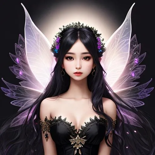 Prompt: fairy goddess , pretty, black background