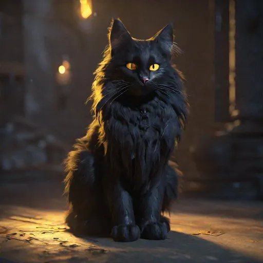 Prompt: black main coon cat with bright golden eyes, concept art, epic lighting, finely-tuned, octane rendering