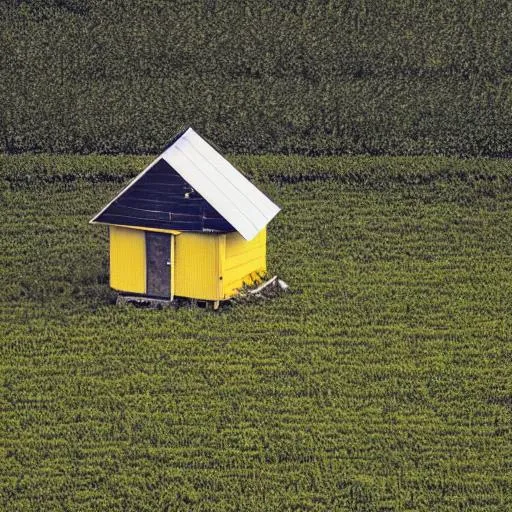 Prompt: High resolution pale yellow square shack in a field from a head on point of view
