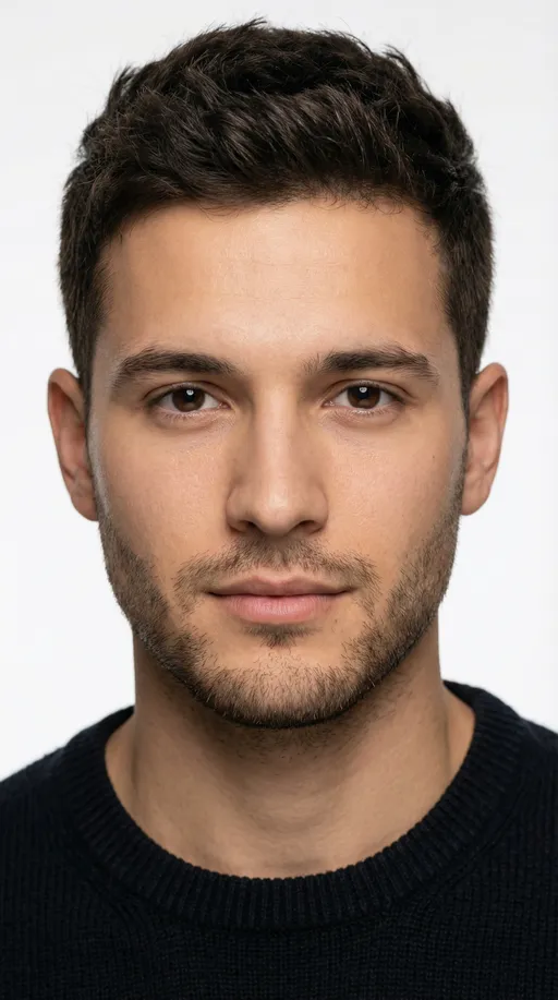 Prompt: Ultra-realistic studio portrait of a young adult man with light to light-medium skin tone and neutral-warm undertones. Oval face with a slightly rectangular structure, smooth defined jawline, rounded chin, subtle cheekbones. Dark brown almond-shaped eyes, medium size, balanced spacing, calm confident expression. Dark brown hair, straight to slightly wavy, medium-thick density, short clean sides with longer textured top, neatly styled with a natural matte finish. Well-groomed short dark brown stubble covering jawline and chin evenly. Natural dark brown eyebrows, medium thickness with a slight arch. Medium straight nose with rounded tip. Medium lips with a fuller lower lip and relaxed neutral mouth.
Shot in a clean white studio background with soft diffused lighting, natural shadows, editorial portrait style. Minimalist modern photoshoot, sharp focus, realistic skin texture, professional photography, high detail, 85mm lens look, shallow depth of field.