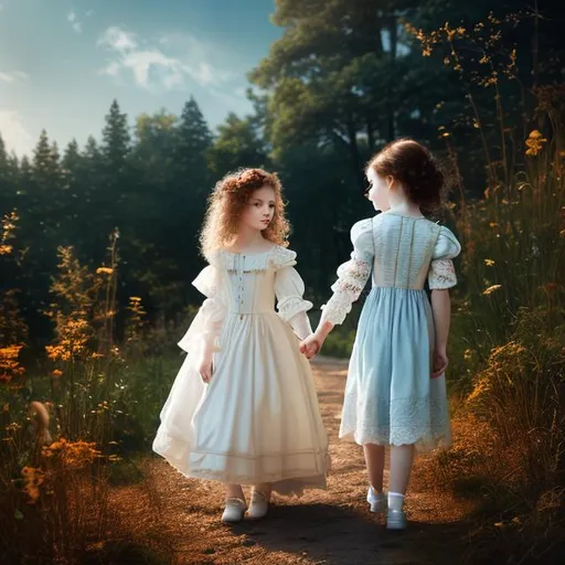 Prompt: Black hair  men with blue eyes, pale skin,giving a hand to a little girl, red curly hair,clothes from 18th century,analog filter, perfect composition, hyperrealistic, super detailed, 8k, high quality, trending art, trending on artstation, sharp focus, intricate details, highly detailed,cottagecore aesthetic