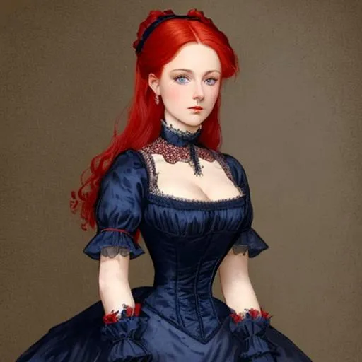 Prompt: a beautiful Victorian woman with red hair , wearing a dark blue gown