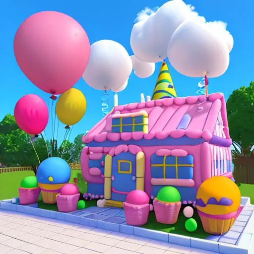 Prompt: Birthday Cake House, Balloons, Party, Cartoony House, Cartoony Exterior, Kid Friendly, Game design, 3d render, spring season, exterior design,