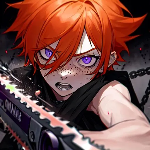 Prompt: Erikku male adult (short ginger hair, freckles, right eye blue left eye purple) 8K, Highly detailed, insane detail, best quality, high quality, fighting with a chainsaw