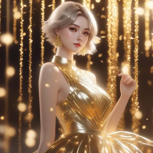 Prompt: 3d anime woman gold short hair hair and gold dress dress gold glitter pale skin deity and beautiful pretty art 4k full HD