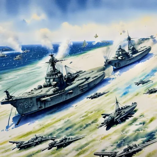 Prompt: Battle of Midway 1942 in watercolor