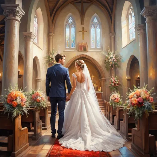 Prompt: Young beautiful bride and groom in a church, floral decorations, high quality, detailed wedding attire, realistic oil painting, vibrant colors, soft and romantic lighting